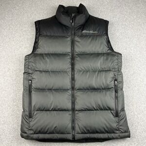 Eddie Bauer EB550 Puffer Vest Mens Small Gray Black Down Insulated Full Zip